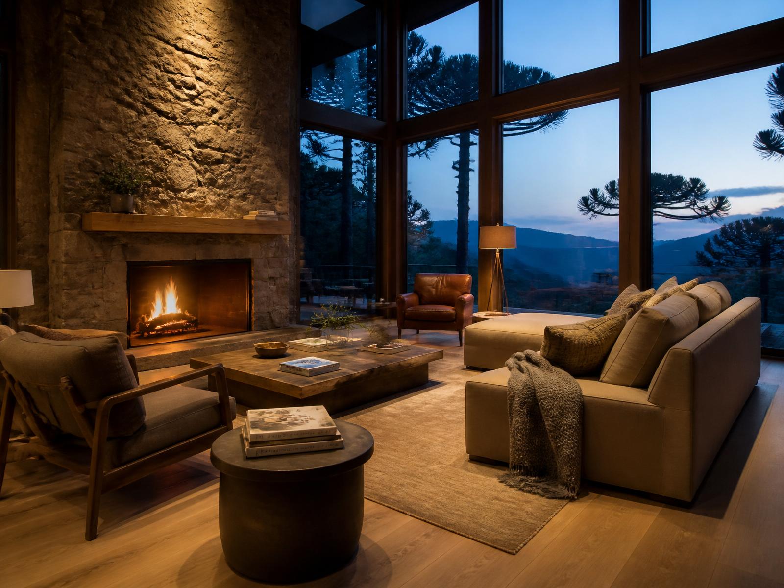 Sala com lareira acesa em pedra natural e grandes vidros voltados à mata