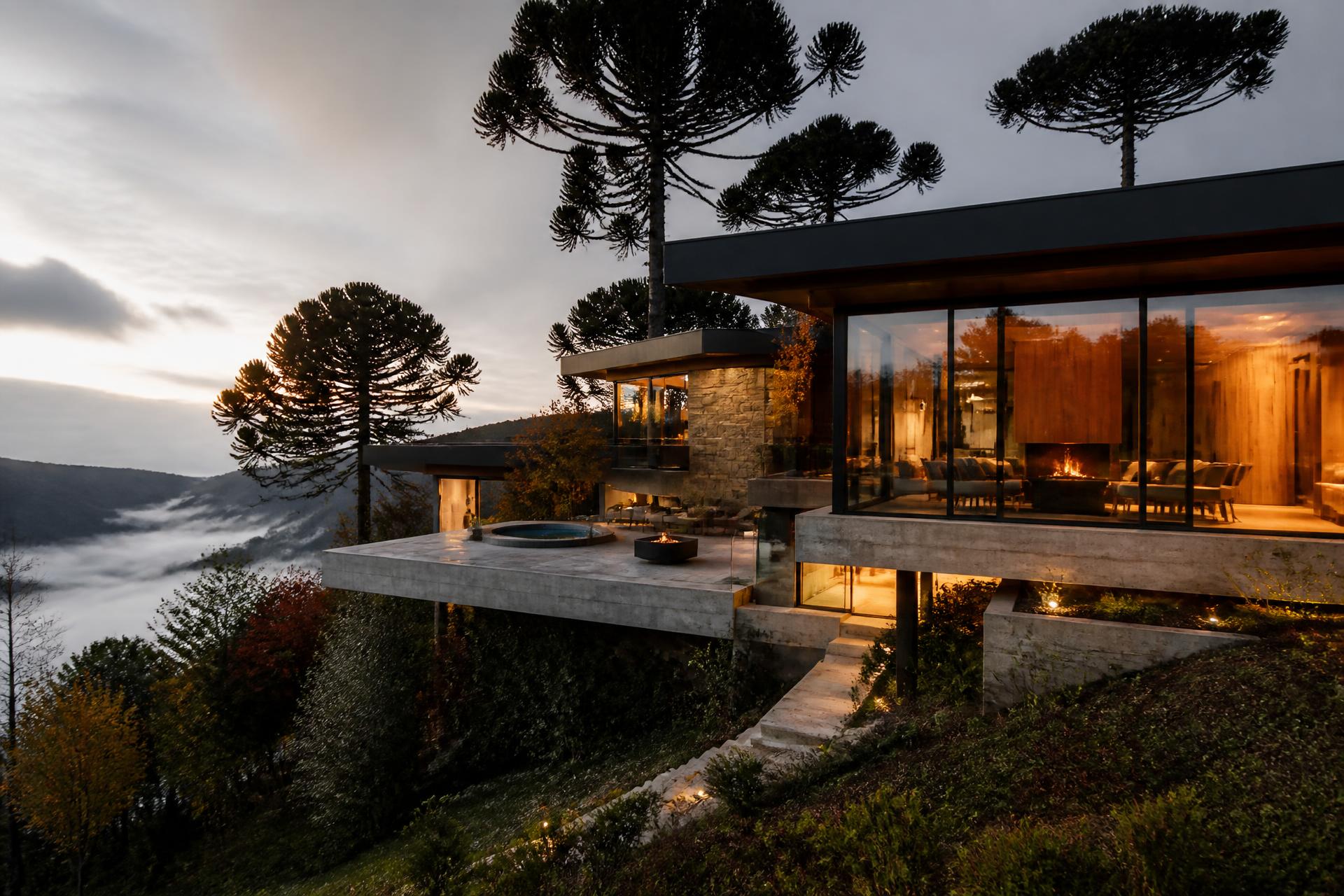 Casa contemporânea na serra ao entardecer, com grandes vidros, pedra natural e araucárias ao fundo