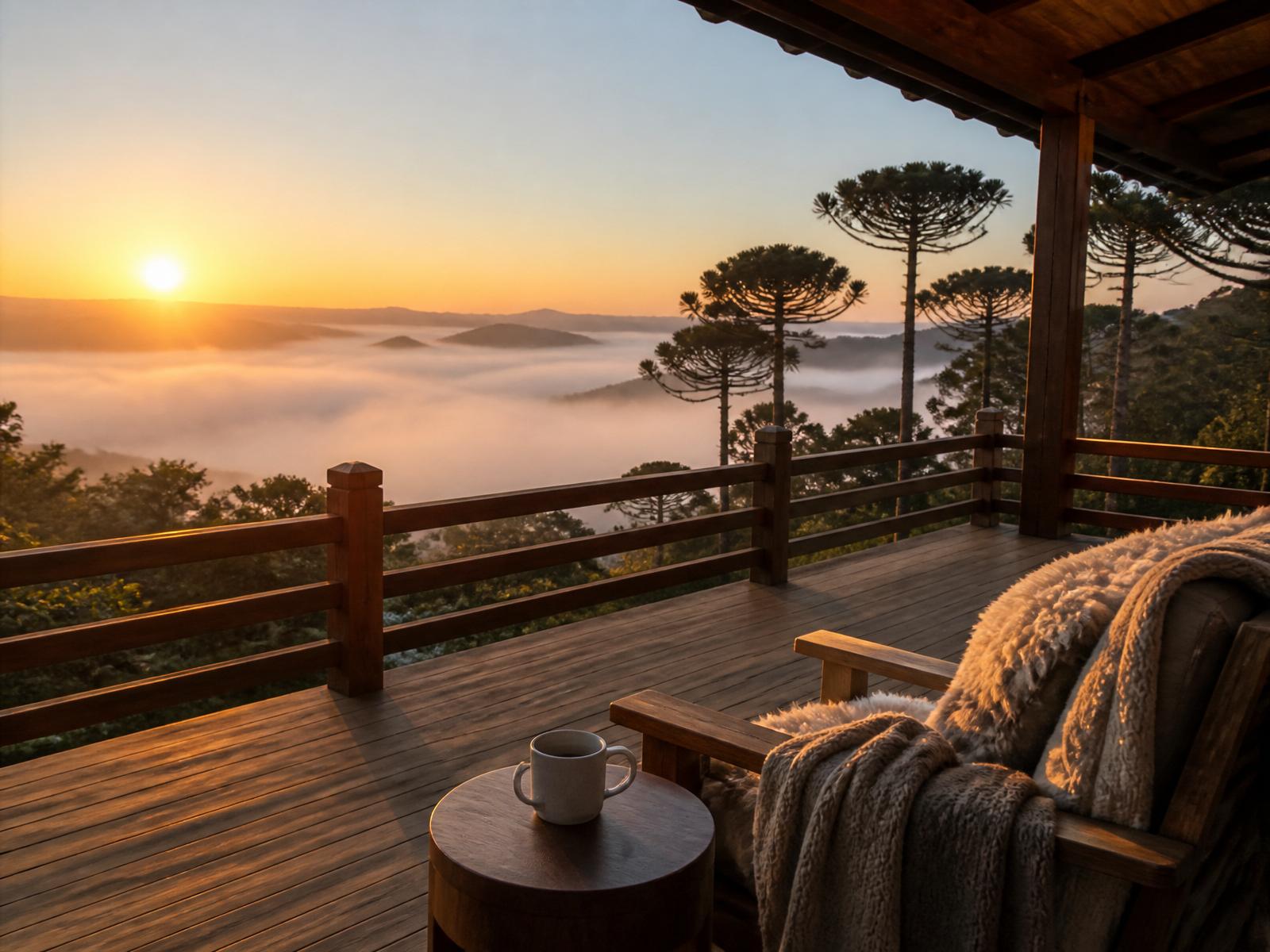 Café da manhã no deck com neblina sobre o vale e araucárias