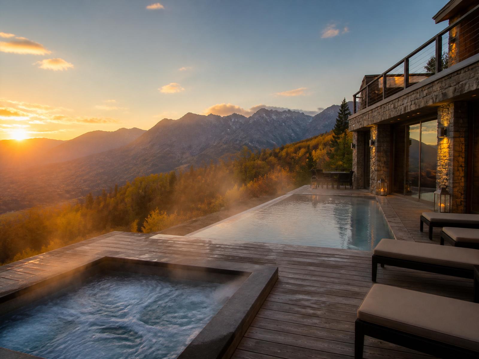 Piscina aquecida e jacuzzi ao ar livre com vista panorâmica das montanhas