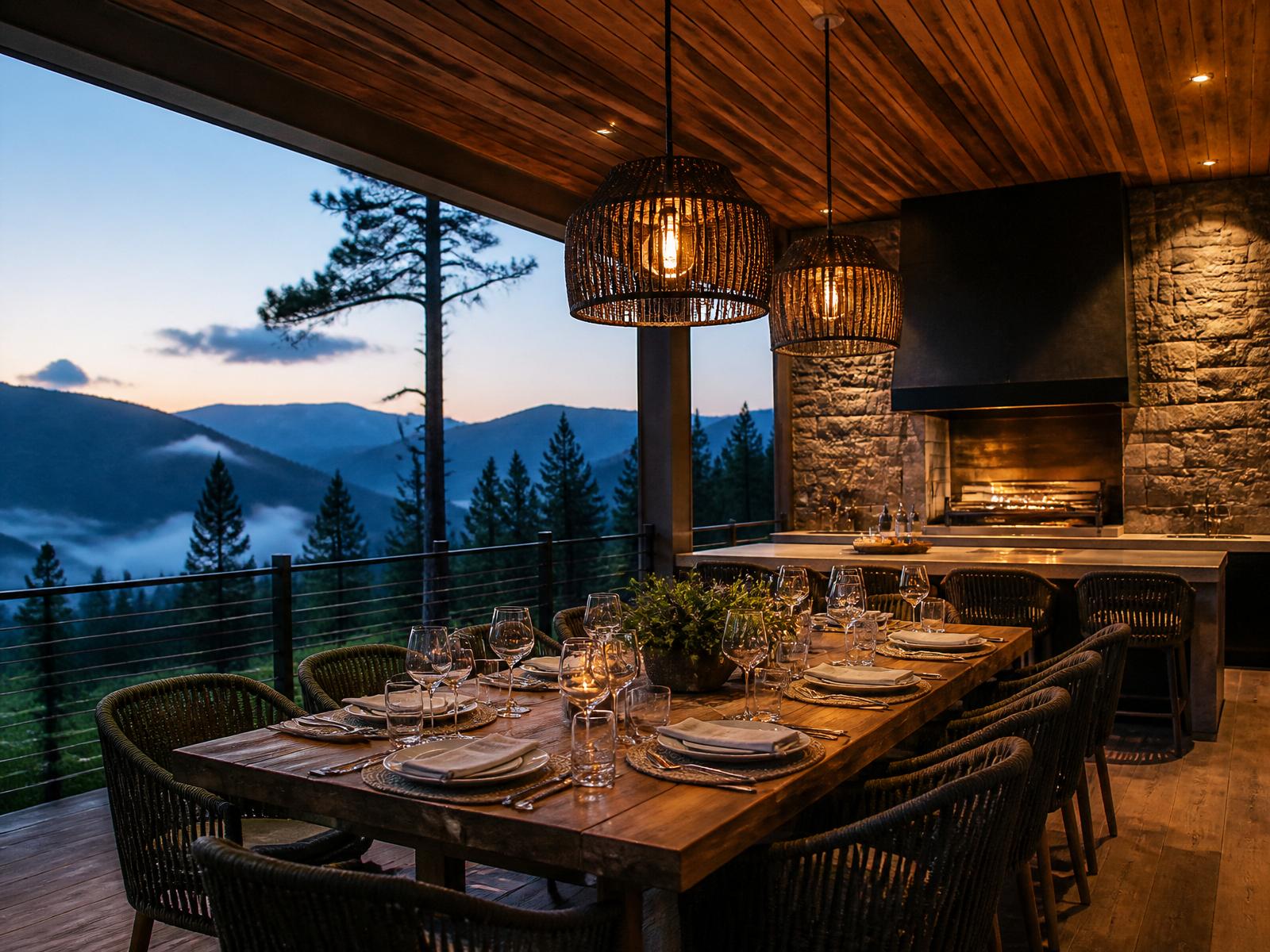 Varanda gourmet com churrasqueira e vista para as montanhas ao entardecer